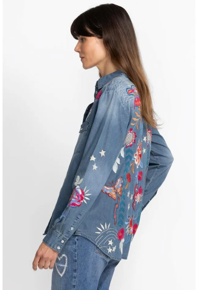Women Mika Denim Pocket Shirt Denim Blue Johnny Was Tops