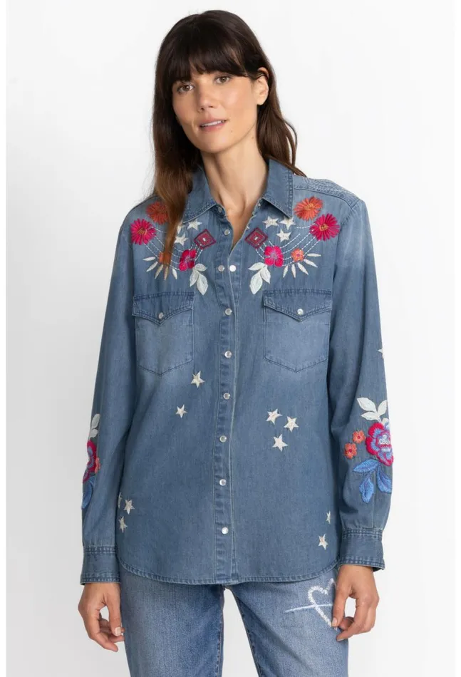 Women Mika Denim Pocket Shirt Denim Blue Johnny Was Tops
