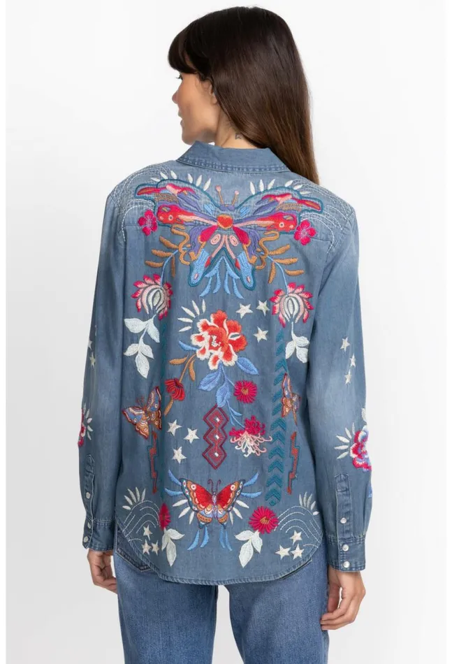 Women Mika Denim Pocket Shirt Denim Blue Johnny Was Tops