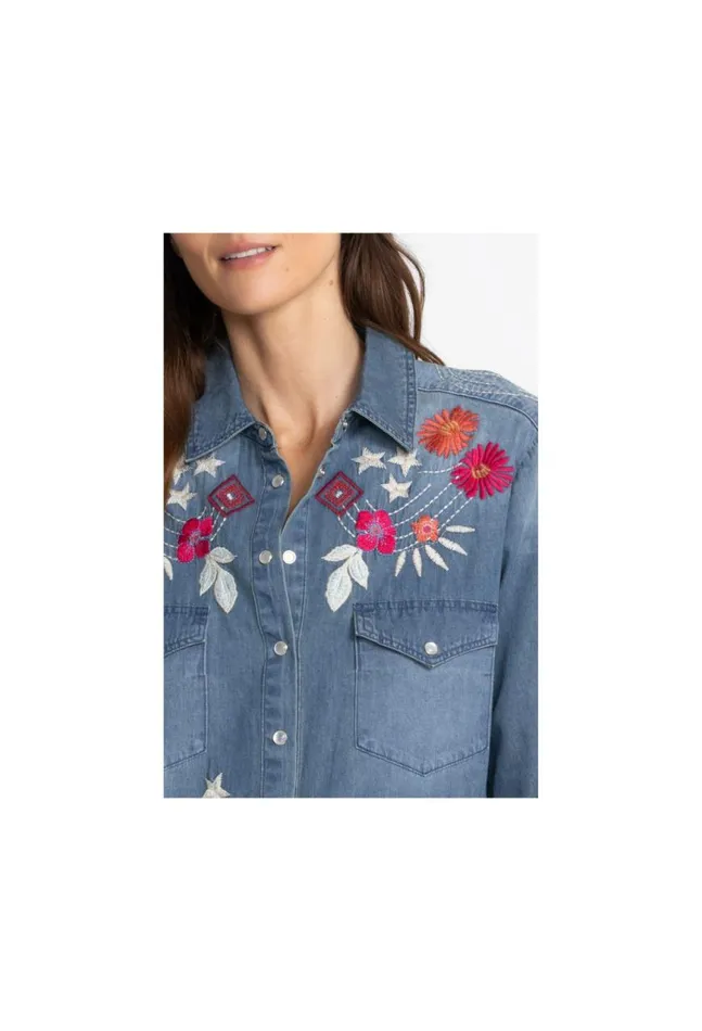 Women Mika Denim Pocket Shirt Denim Blue Johnny Was Tops