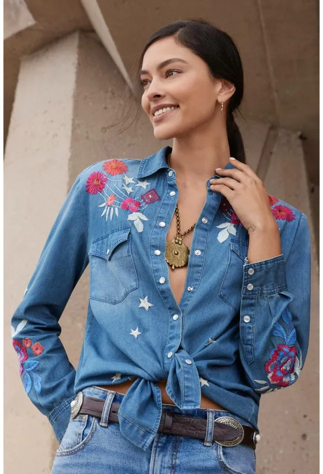 Women Mika Denim Pocket Shirt Denim Blue Johnny Was Tops