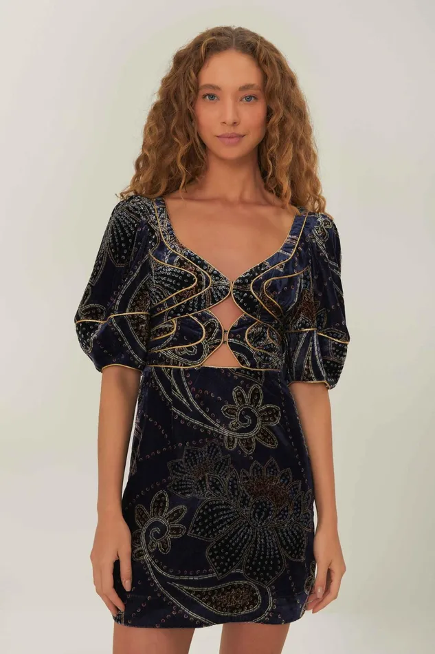 Women Mini Dresses Farm Rio Blue Floral Glam Scarf Velvet Mini Dress