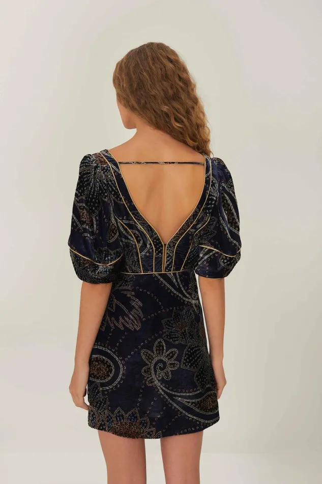 Women Mini Dresses Farm Rio Blue Floral Glam Scarf Velvet Mini Dress
