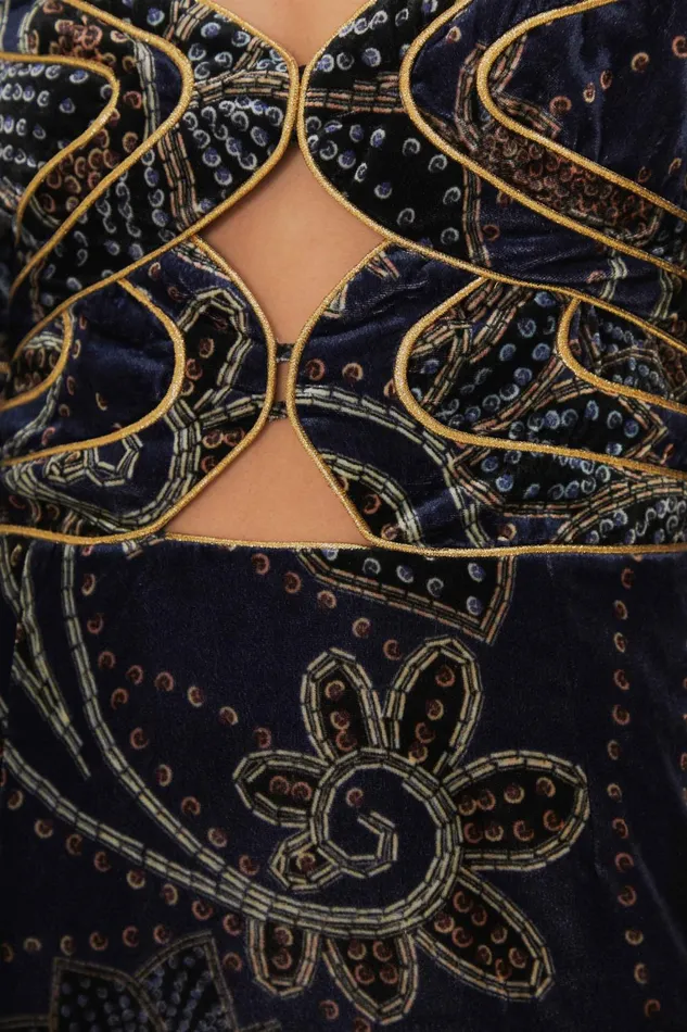 Women Mini Dresses Farm Rio Blue Floral Glam Scarf Velvet Mini Dress