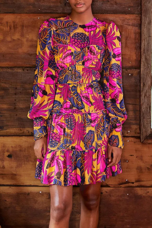 Women Mini Dresses Farm Rio Yellow Fruit Dream Long Sleeve Mini Dress