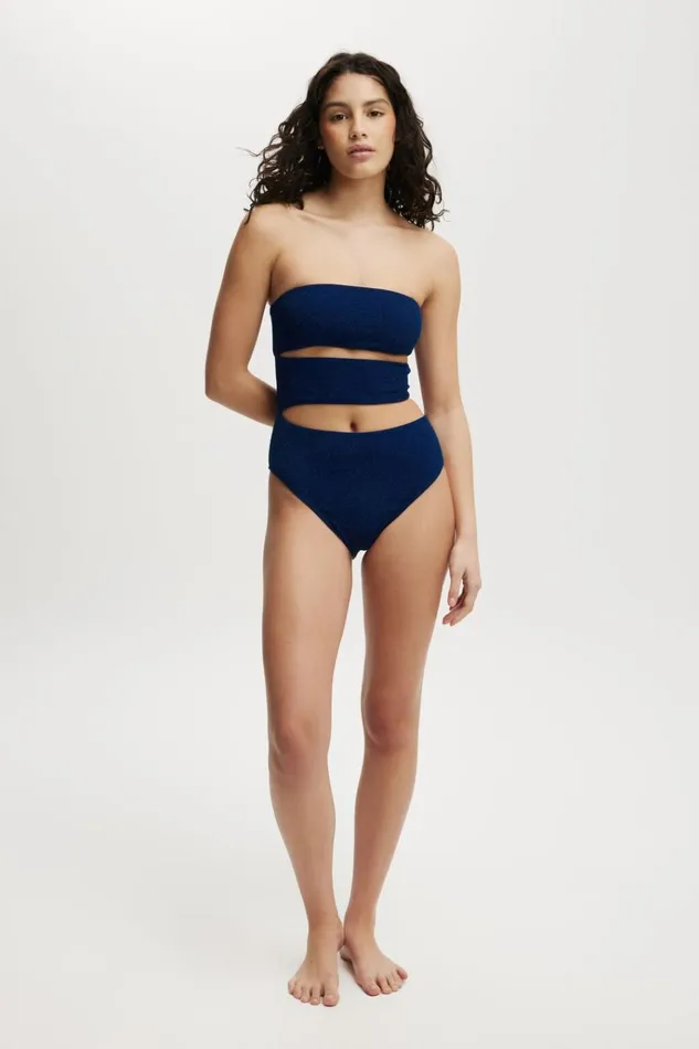 Women One Piece Swimsuits Cotton On Cut Out One Piece Cheeky Deep Blue Metallic Crinkle