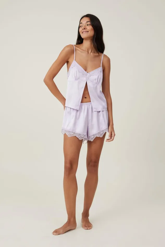Women Pajamas Cotton On Open Front Satin Cami Sleep Set Lilac Breeze