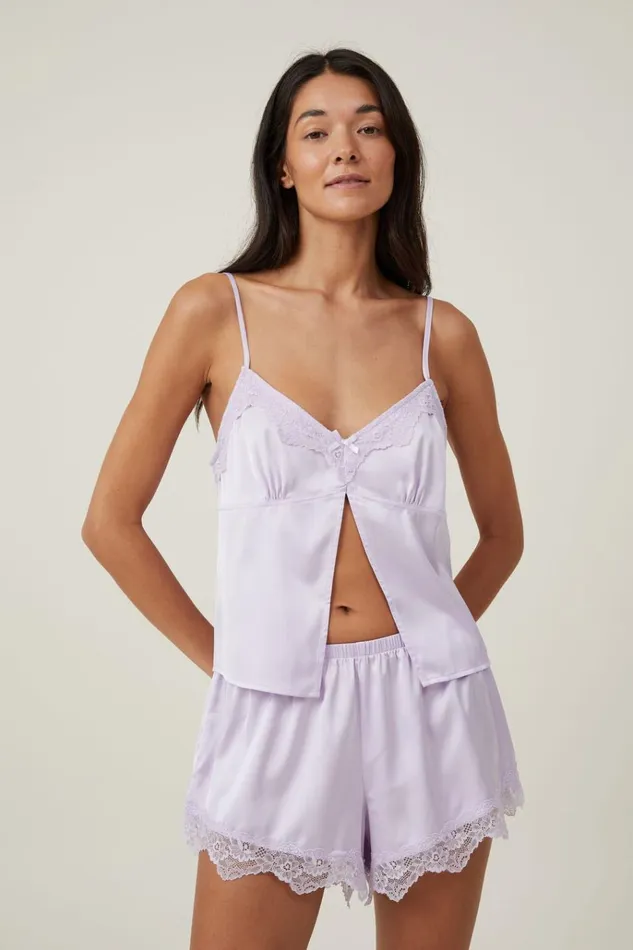 Women Pajamas Cotton On Open Front Satin Cami Sleep Set Lilac Breeze