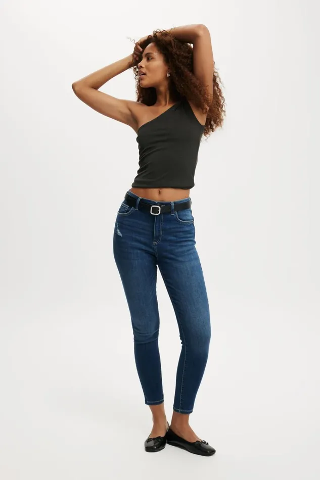 Women Pants Cotton On High Rise Skinny Jean Texas Blue Worn