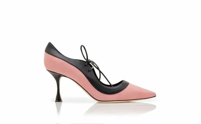 Women Pink And Black Suede LaceUp Pumps Manolo Blahnik Pumps