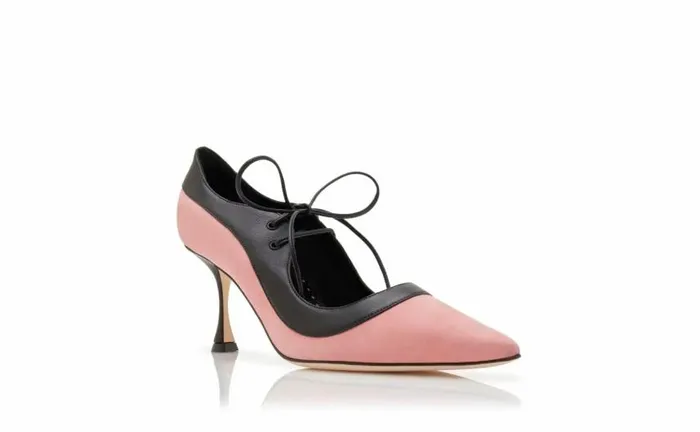Women Pink And Black Suede LaceUp Pumps Manolo Blahnik Pumps