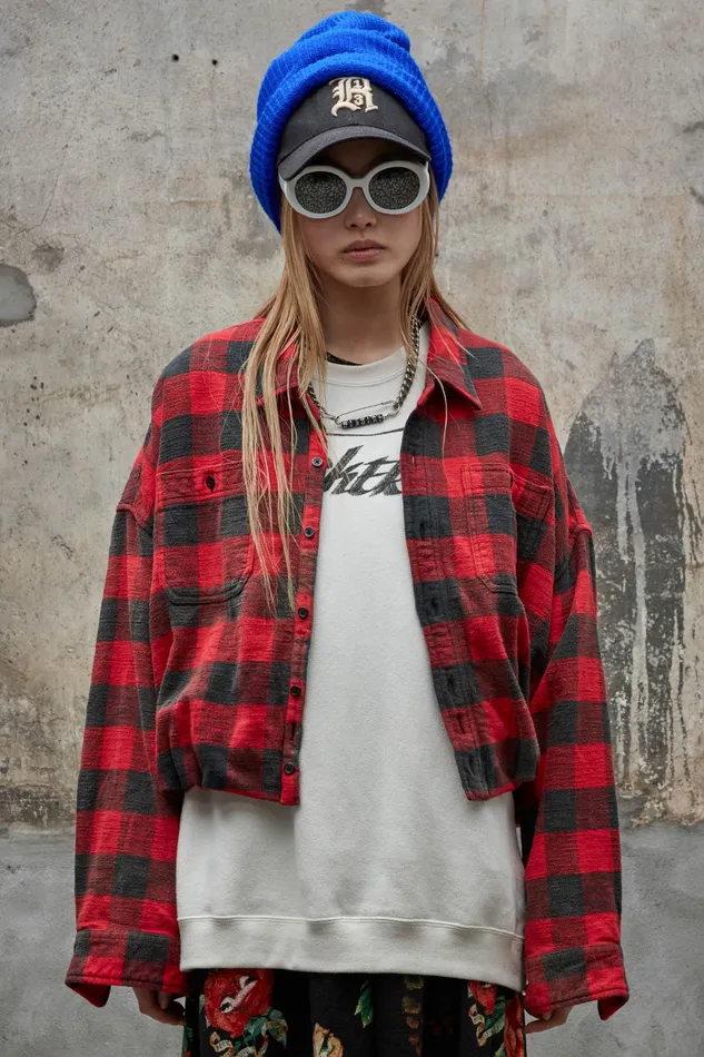 Women R13 Gathered Hem Work Shirt 8211 Red Buffalo Plaid Tops