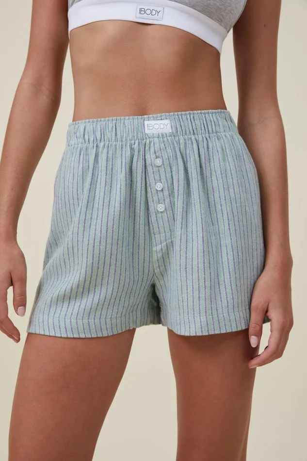 Women Shorts Cotton On Flannel Boyfriend Boxer Short Green Tulip Stripe