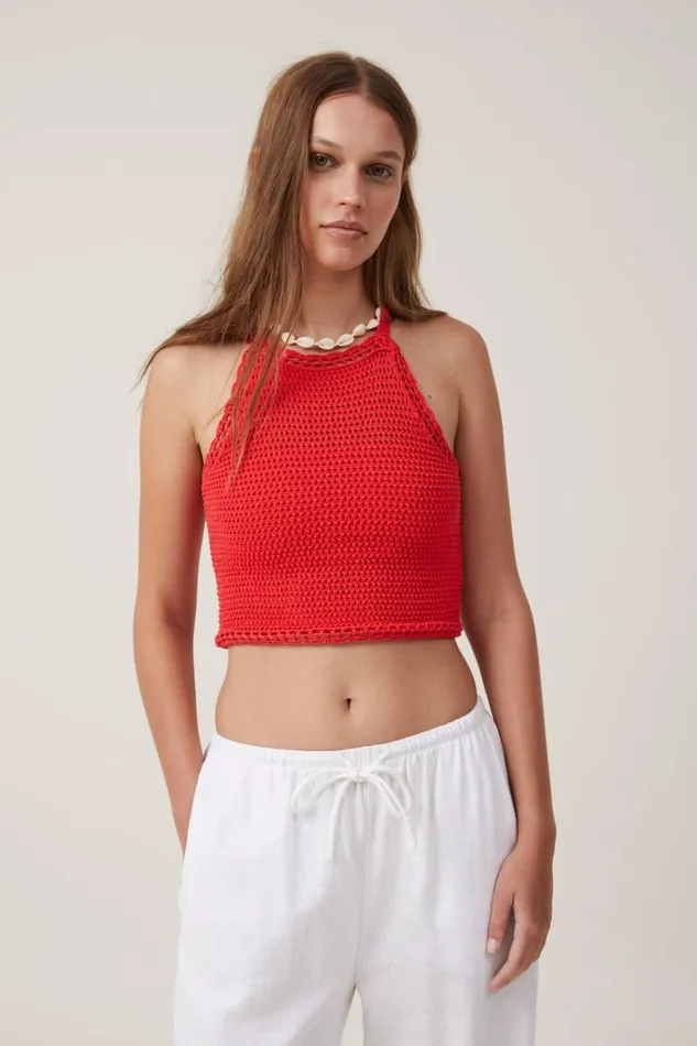 Women Sweaters and Cardigans Cotton On Crochet Scallop Halter Knit Racer Red
