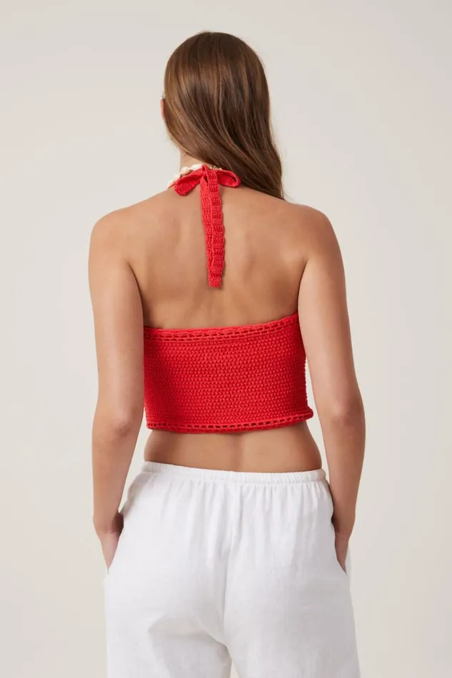 Women Sweaters and Cardigans Cotton On Crochet Scallop Halter Knit Racer Red