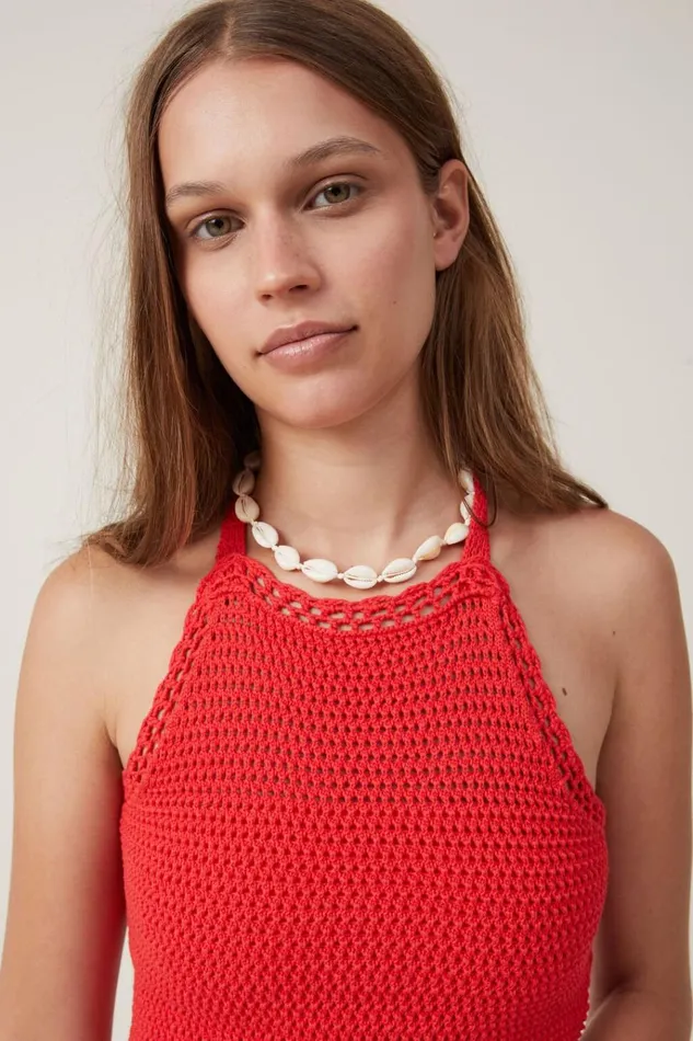 Women Sweaters and Cardigans Cotton On Crochet Scallop Halter Knit Racer Red