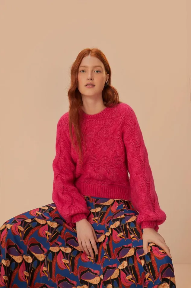 Women Sweaters and Sweatshirts Farm Rio Pink Maxi Cable Knit Sweater
