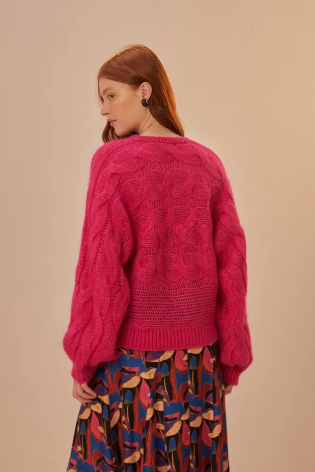 Women Sweaters and Sweatshirts Farm Rio Pink Maxi Cable Knit Sweater