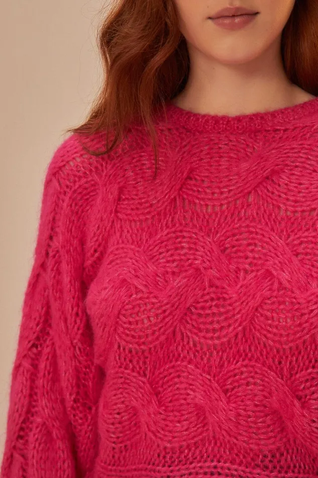 Women Sweaters and Sweatshirts Farm Rio Pink Maxi Cable Knit Sweater
