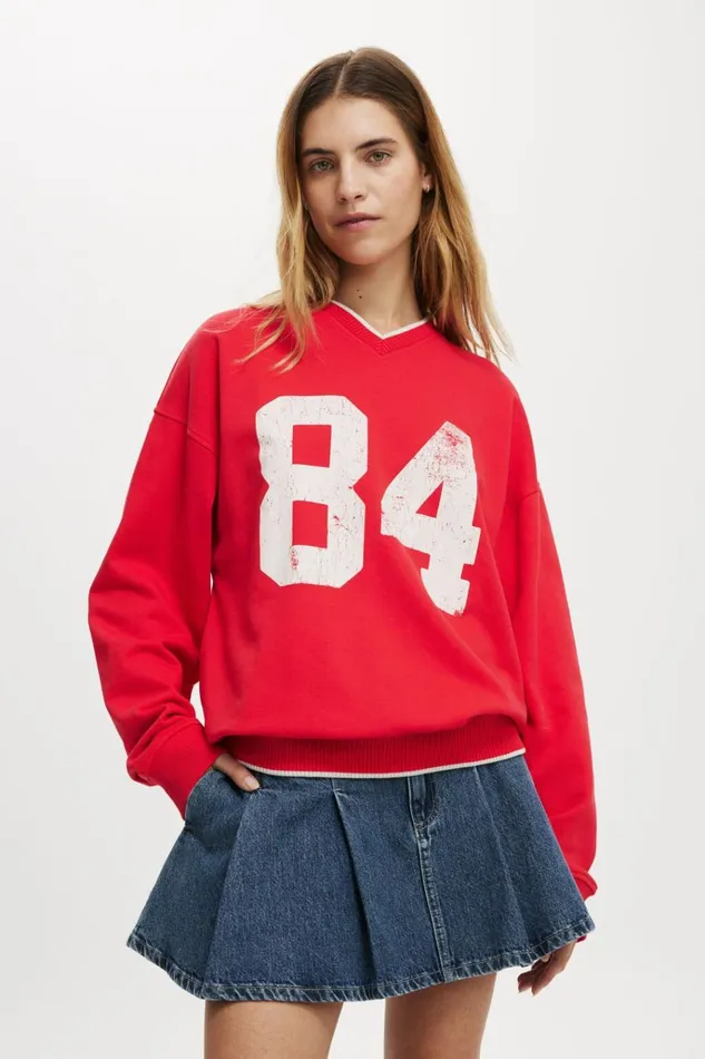 Women Sweats and Hoodies Cotton On Classic Fleece Graphic V Neck Sweatshirt 84 Scarlet Red