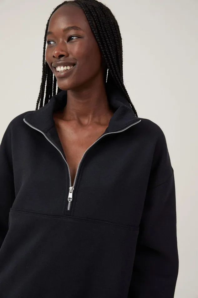 Women Sweats and Hoodies Cotton On Plush Essential Half Zip Jumper Black