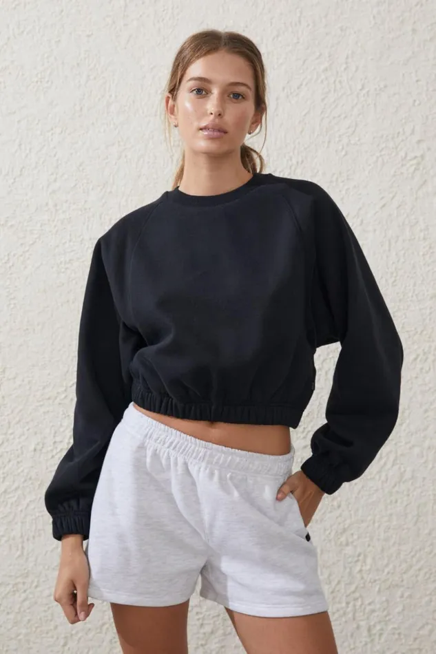 Women Sweats and Hoodies Cotton On Plush Saddle Sleeve Jumper Black