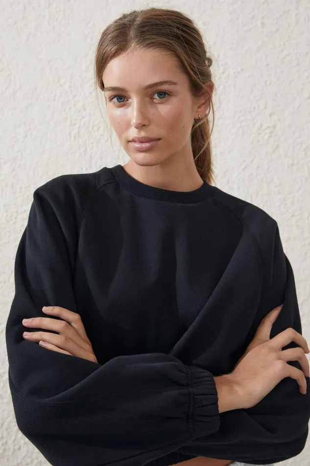 Women Sweats and Hoodies Cotton On Plush Saddle Sleeve Jumper Black