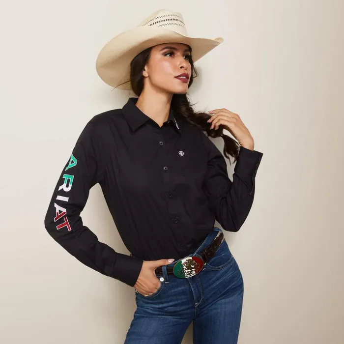 Women TShirts and Tops Ariat Wrinkle Resist Team Kirby Stretch Shirt Black W Mexico Flag Emb