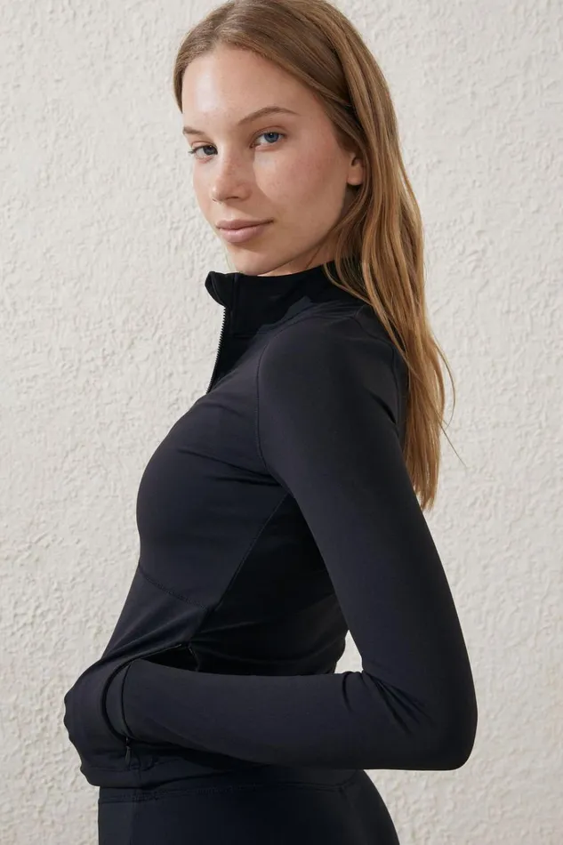 Women Tops Cotton On Active Core Zip Through Long Sleeve Black