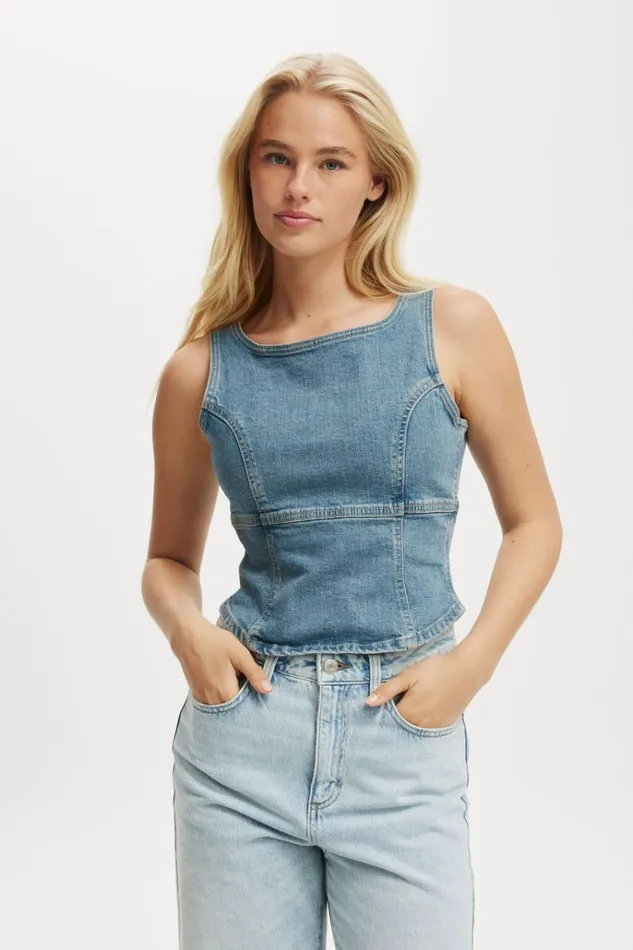 Women Tops Cotton On Codie Denim Corset Jewel Blue