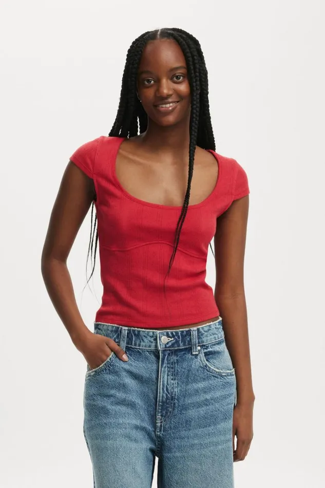 Women Tops Cotton On Darcie Scoop Neck Short Sleeve Top Crimson Kiss