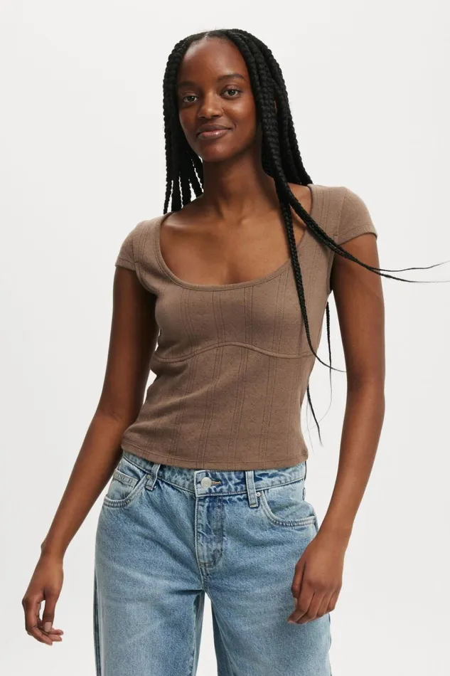 Women Tops Cotton On Darcie Scoop Neck Short Sleeve Top Mink Brown