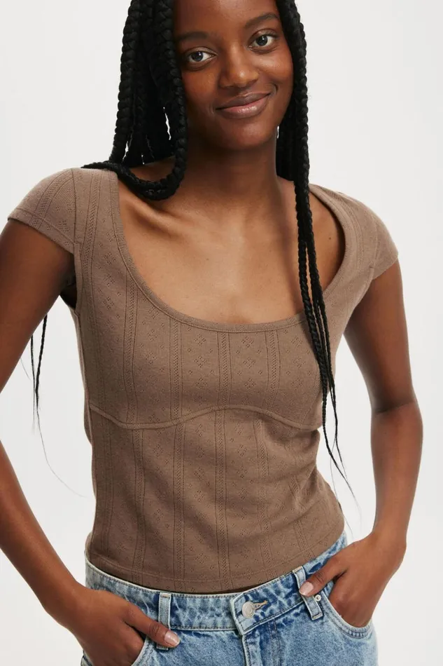 Women Tops Cotton On Darcie Scoop Neck Short Sleeve Top Mink Brown