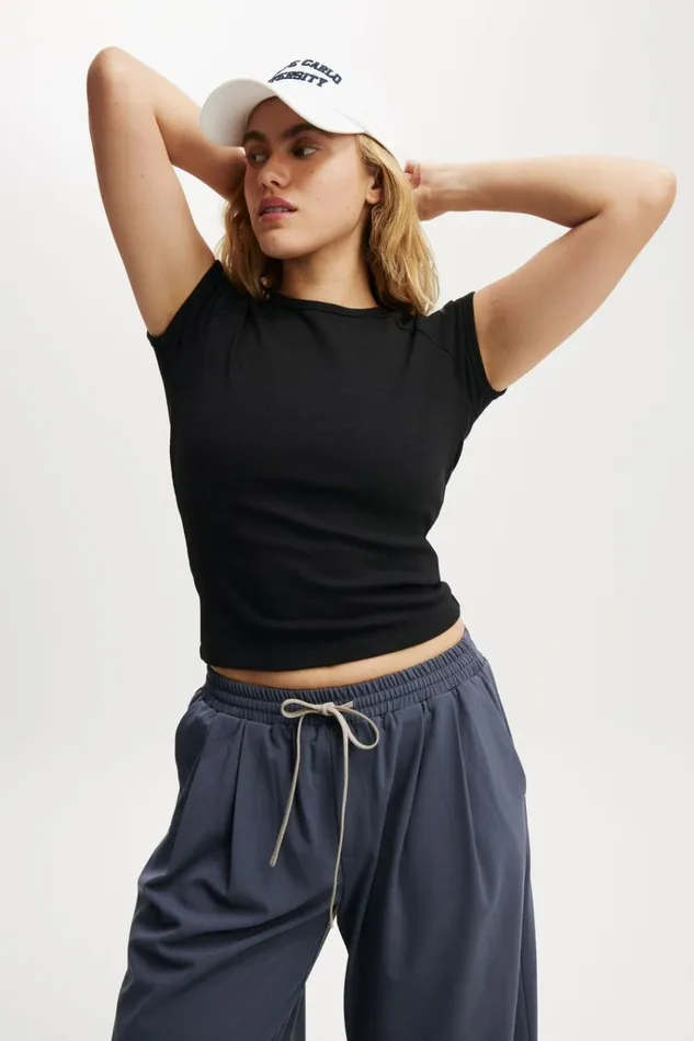 Women Tops Cotton On Essential Rib Raglan Cap Sleeve Top Black