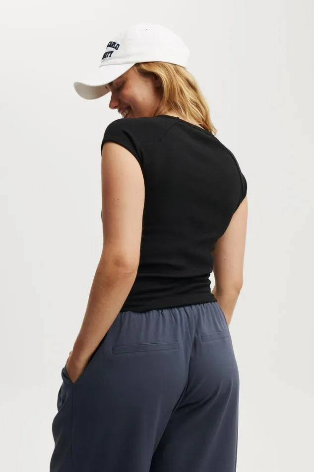 Women Tops Cotton On Essential Rib Raglan Cap Sleeve Top Black
