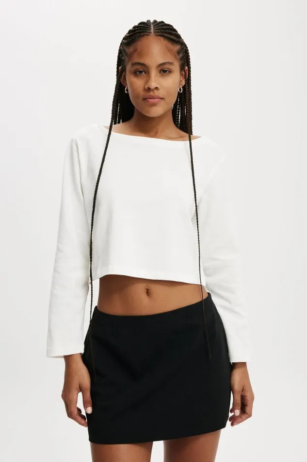 Women Tops Cotton On Jordyn Boat Neck Chopped Long Sleeve Top Natural White