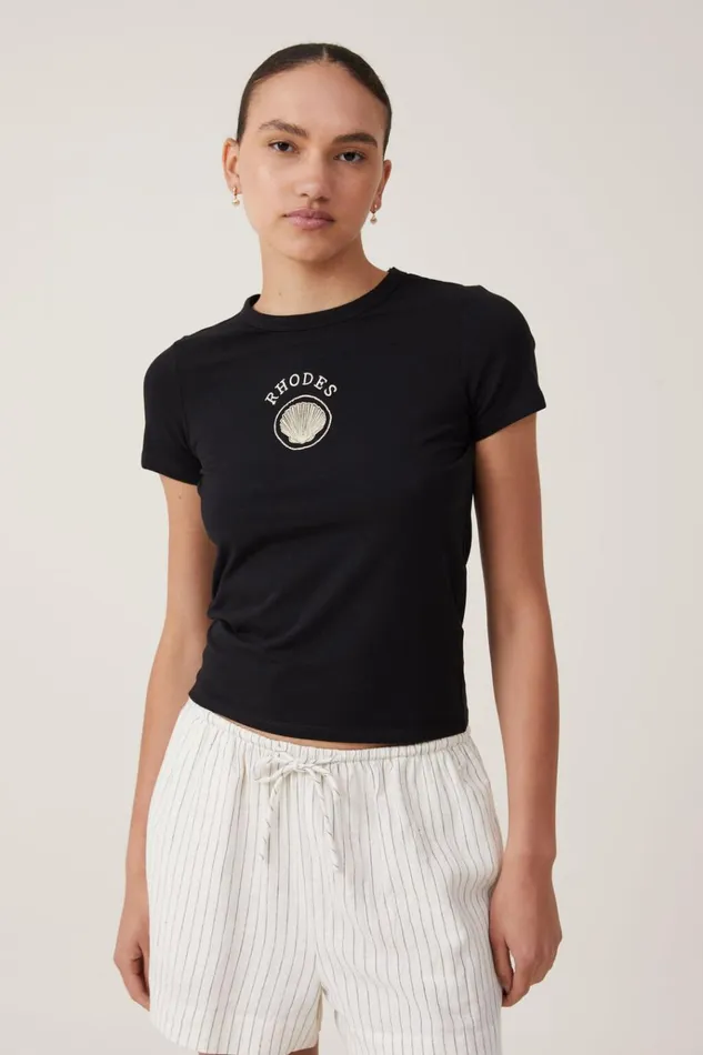 Women Tops Cotton On Lightweight Longline Graphic Tee Rhodes Shellblack