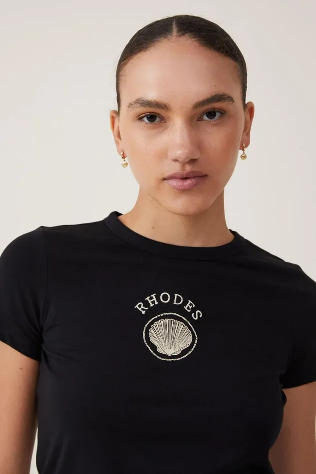 Women Tops Cotton On Lightweight Longline Graphic Tee Rhodes Shellblack