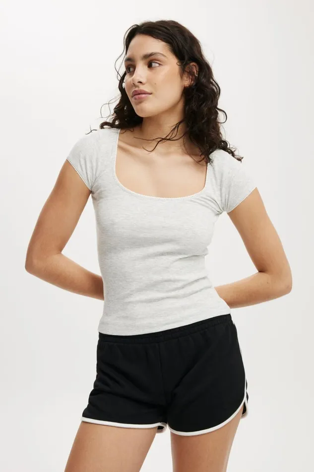 Women Tops Cotton On Lou Square Neck Short Sleeve Grey Marle
