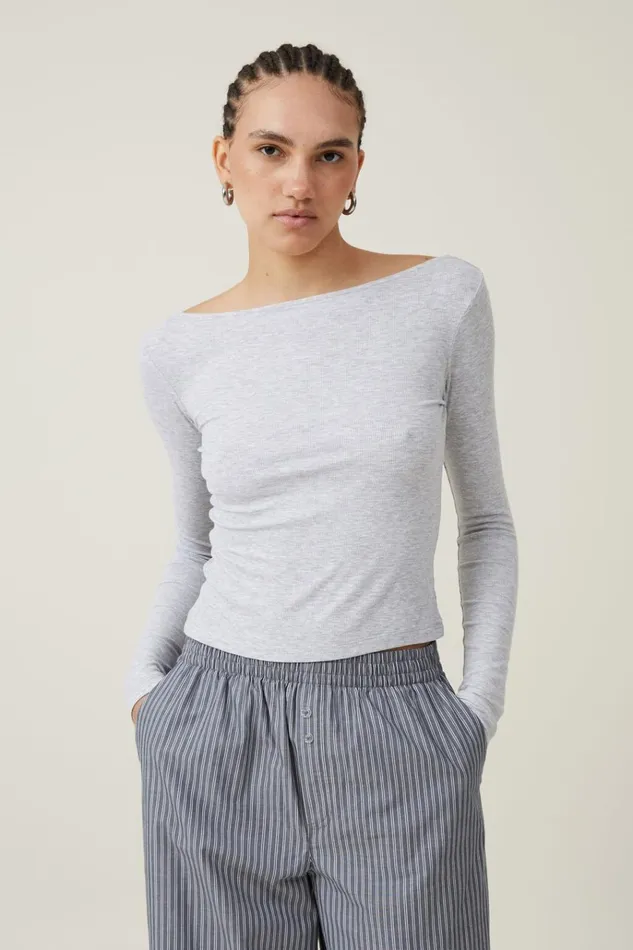 Women Tops Cotton On Staple Rib Boat Neck Long Sleeve Top Grey Marle