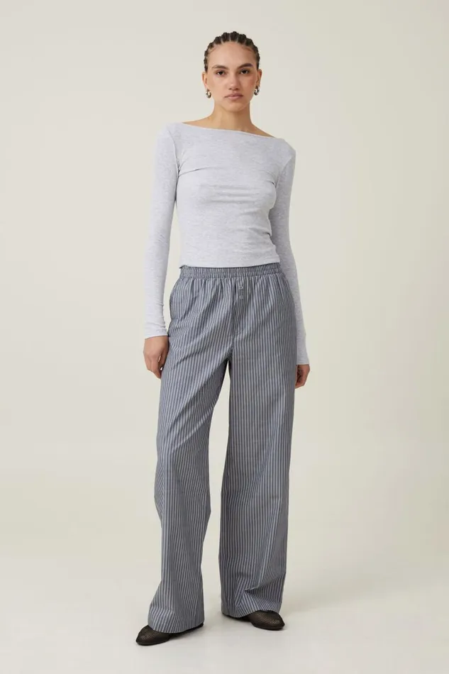 Women Tops Cotton On Staple Rib Boat Neck Long Sleeve Top Grey Marle