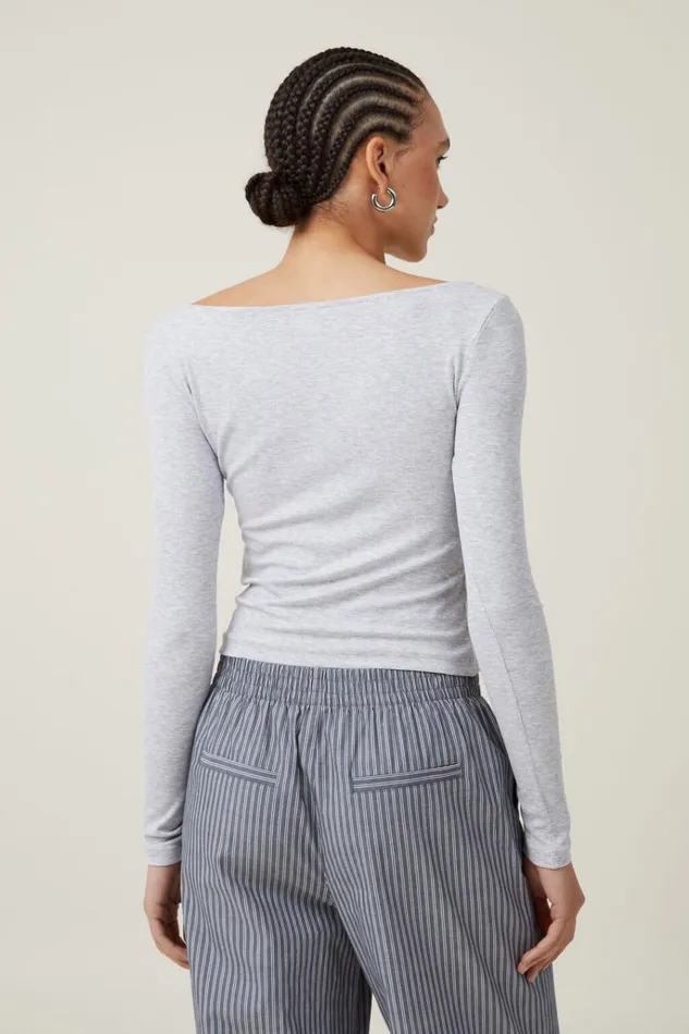 Women Tops Cotton On Staple Rib Boat Neck Long Sleeve Top Grey Marle