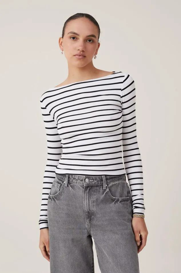 Women Tops Cotton On Staple Rib Boat Neck Long Sleeve Top Remi Stripe Whiteblack