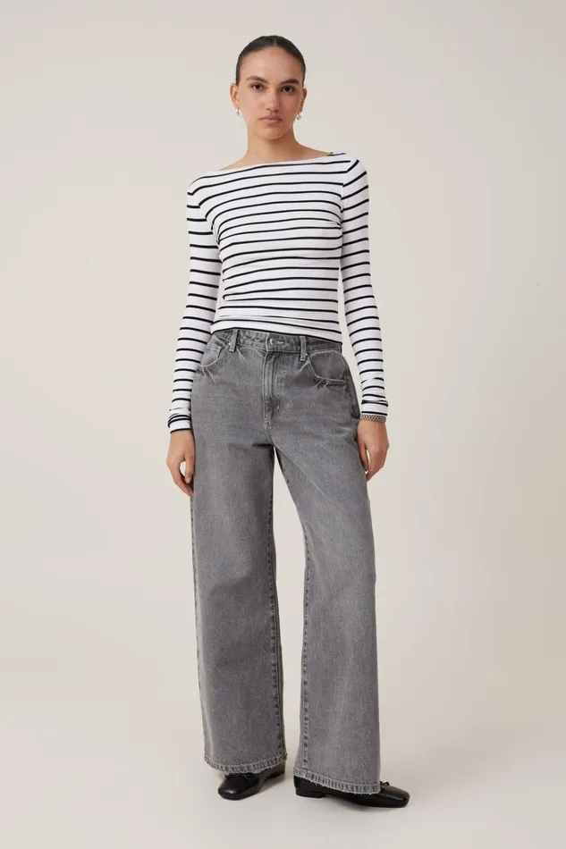 Women Tops Cotton On Staple Rib Boat Neck Long Sleeve Top Remi Stripe Whiteblack