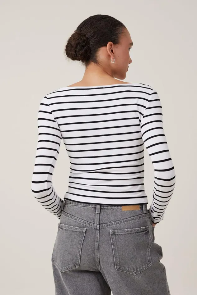 Women Tops Cotton On Staple Rib Boat Neck Long Sleeve Top Remi Stripe Whiteblack