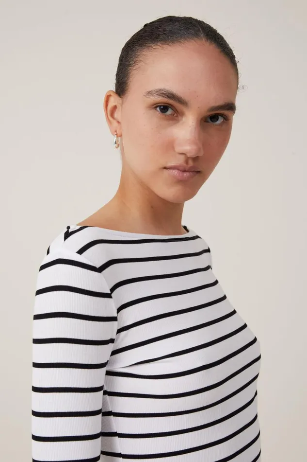 Women Tops Cotton On Staple Rib Boat Neck Long Sleeve Top Remi Stripe Whiteblack