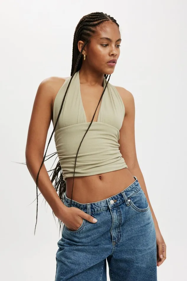 Women Tops Cotton On Staple Rib Rouched Halter Top Desert Sage