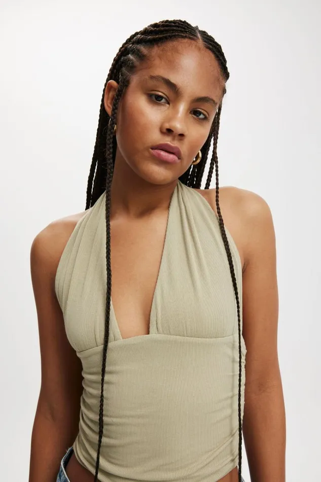 Women Tops Cotton On Staple Rib Rouched Halter Top Desert Sage
