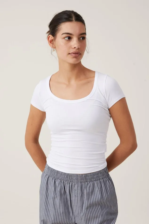 Women Tops Cotton On Staple Rib Scoop Neck Short Sleeve Top White Ii