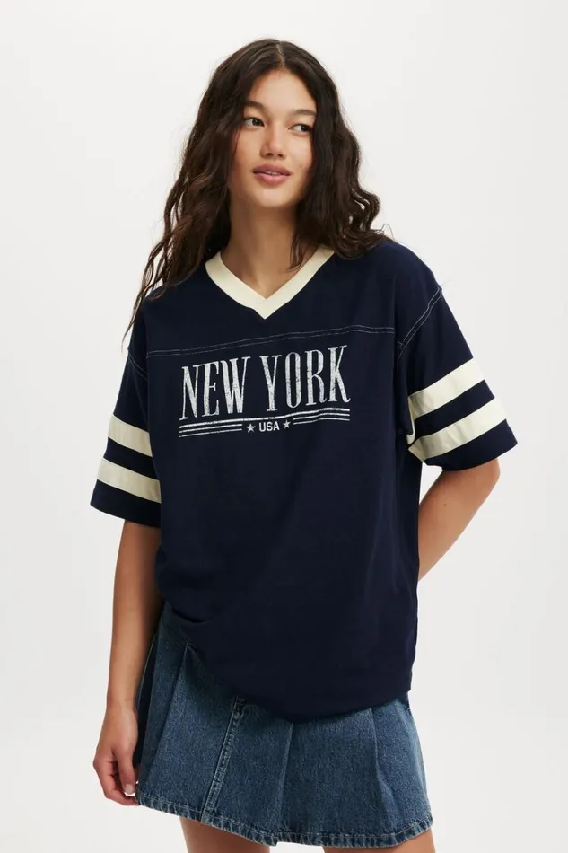 Women Tops Cotton On V Neck Oversized Graphic Tee New York Team Usa Winter Night